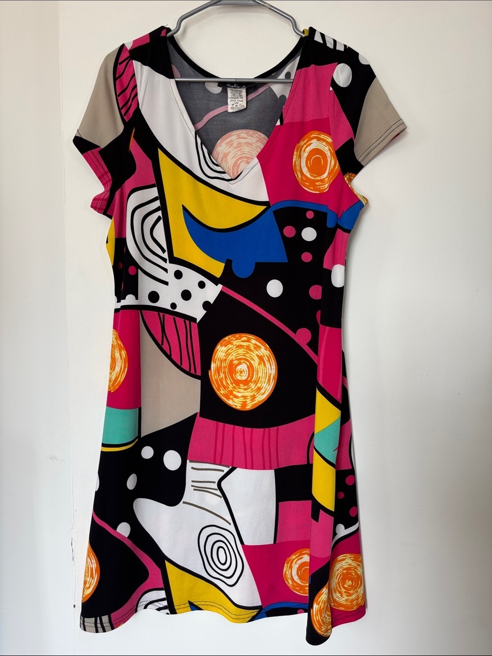 Abstract Print V-Neck Midi Dress - Pink/Black